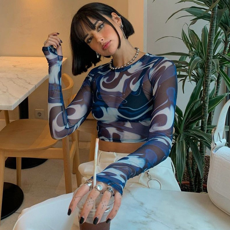 Print Long Sleeve Mesh Crop Top T Shirt