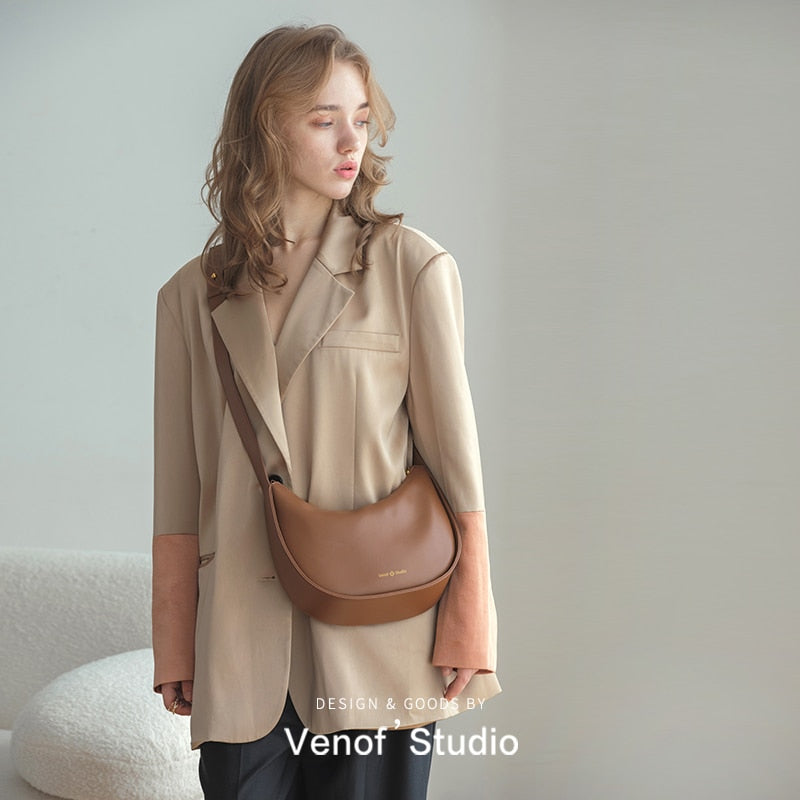 Soft Leather Half Moon Tote Bag