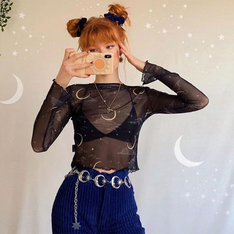 Sun/Moon Long Sleeve Mesh Crop Tops