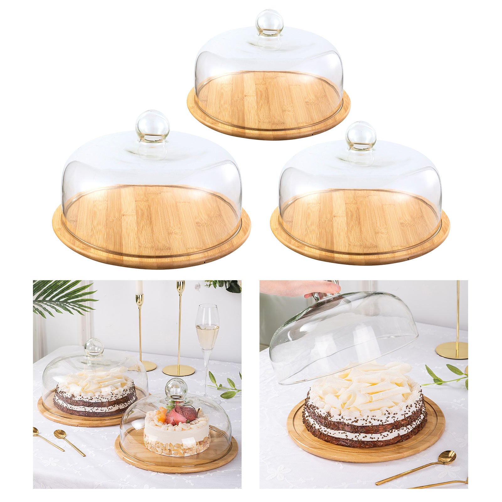 Glass Cover Platter Bamboo Storage Cake