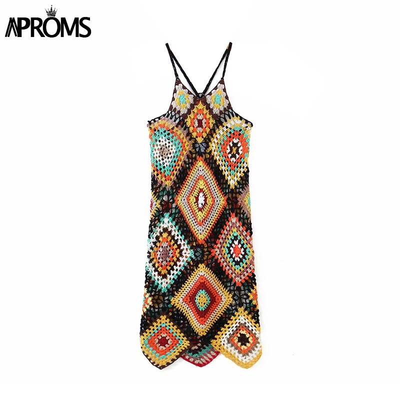 Multi Color Crochet Knitted Midi Dress