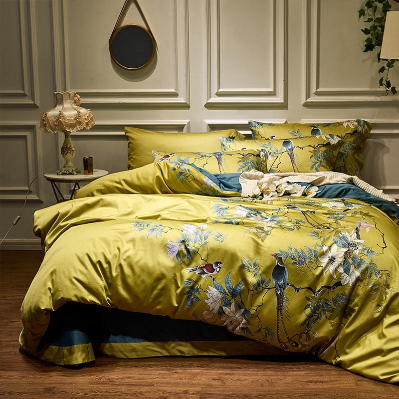 Satin Egyptian Cotton Bird Flowers Bedding Set
