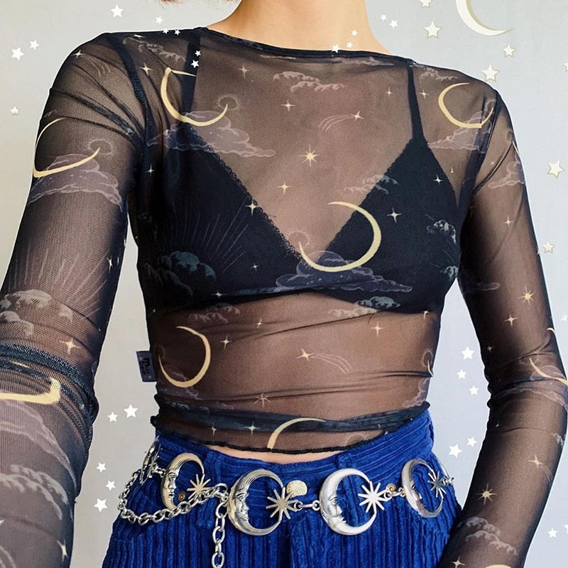 Sun/Moon Long Sleeve Mesh Crop Tops