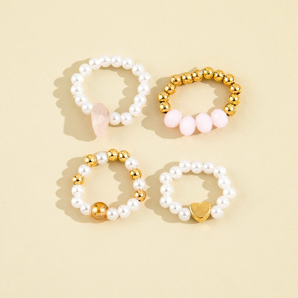 4 Pcs Pearl Stone Heart Ring