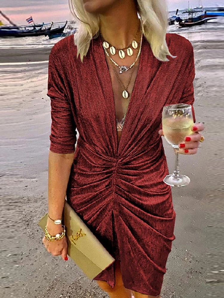 V Neck Draped Silk Dress