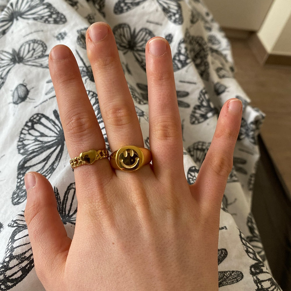 18K Gold Plated Stainless Steel Smiley Face Ring