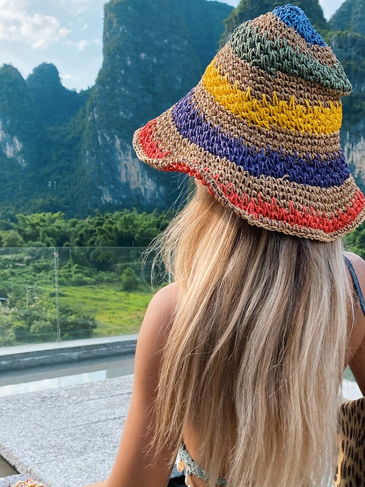Straw Handmade Rainbow Striped Crochet Bucket Hat