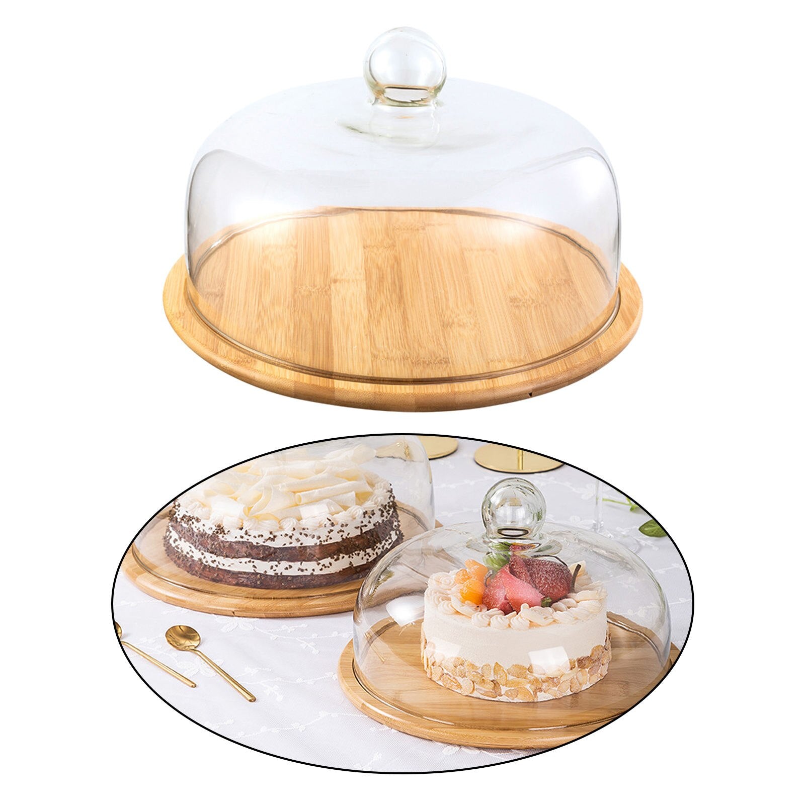 Glass Cover Platter Bamboo Storage Cake