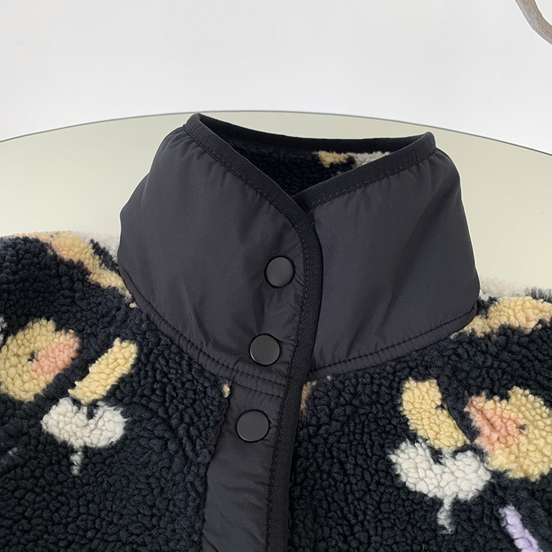 Black Graphic Pattern Fleece Lamb Jacket