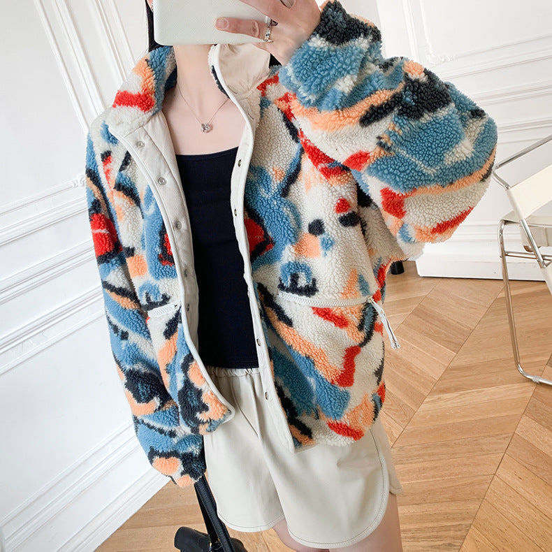 White Graphic Pattern Fleece Lamb Jacket