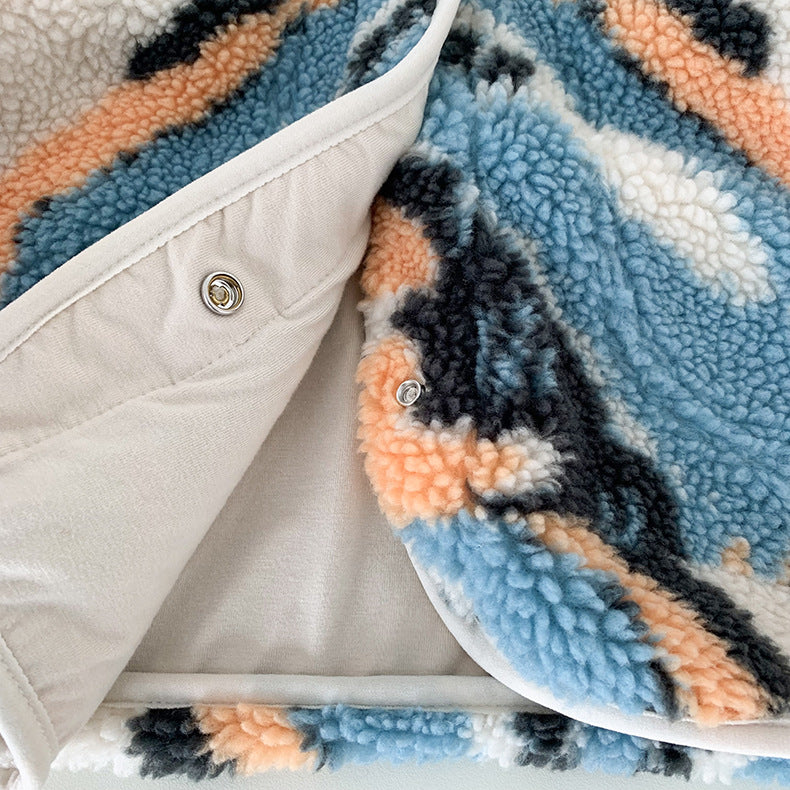 White Graphic Pattern Fleece Lamb Jacket