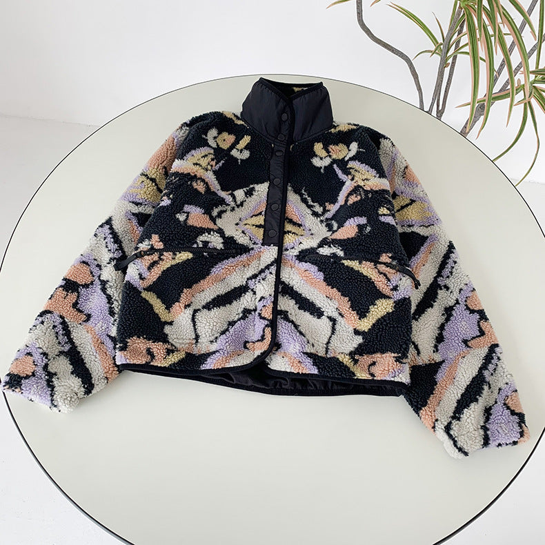 Black Graphic Pattern Fleece Lamb Jacket