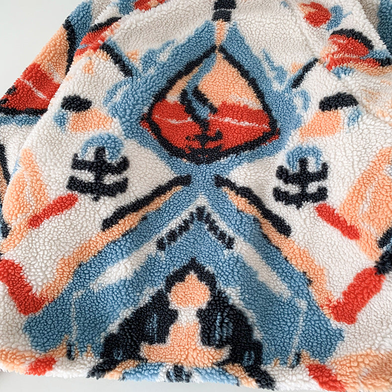 White Graphic Pattern Fleece Lamb Jacket