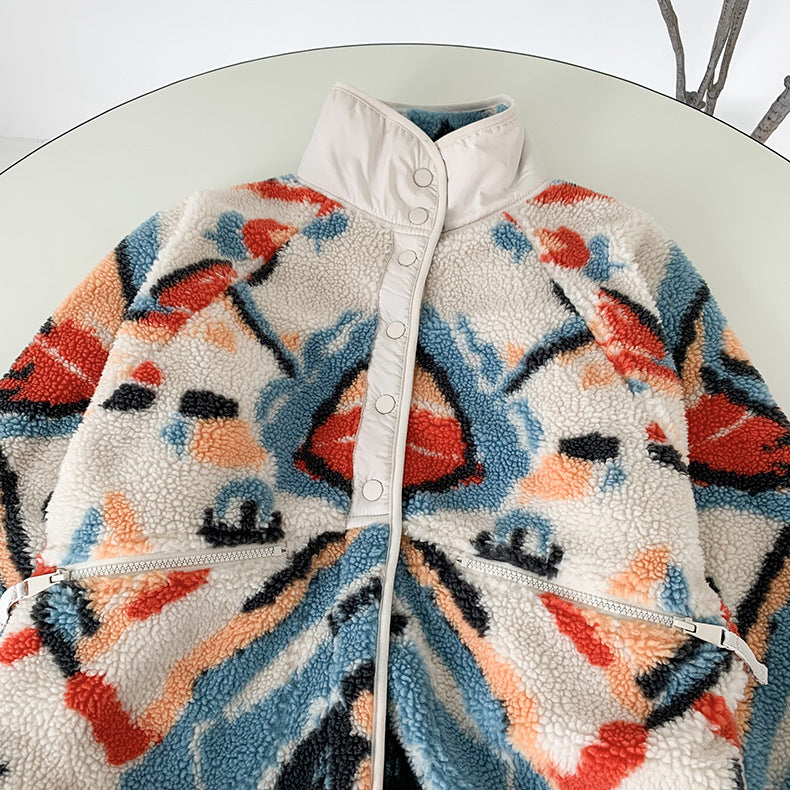 White Graphic Pattern Fleece Lamb Jacket
