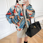 White Graphic Pattern Fleece Lamb Jacket