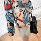 White Graphic Pattern Fleece Lamb Jacket