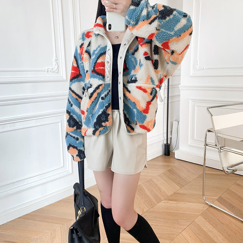 White Graphic Pattern Fleece Lamb Jacket