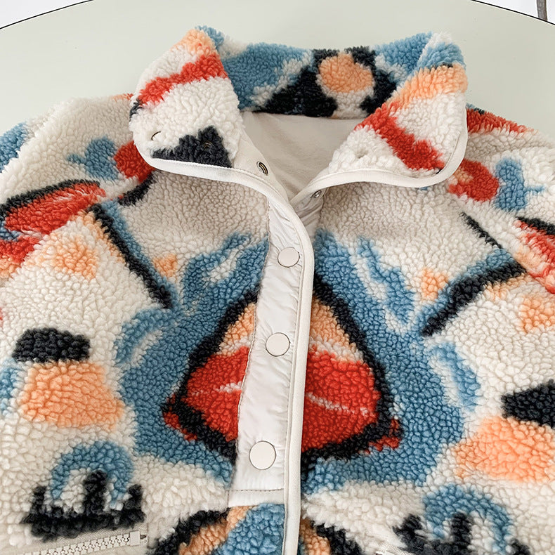 White Graphic Pattern Fleece Lamb Jacket