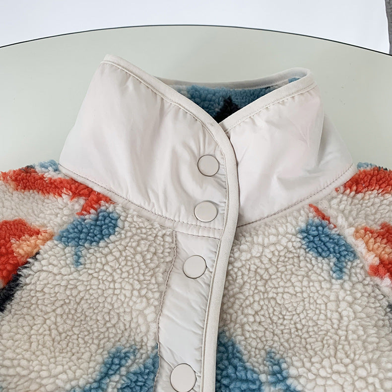 White Graphic Pattern Fleece Lamb Jacket