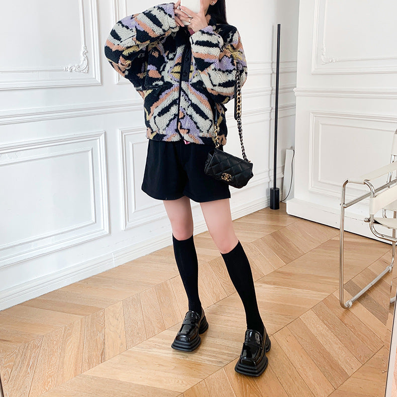 Black Graphic Pattern Fleece Lamb Jacket