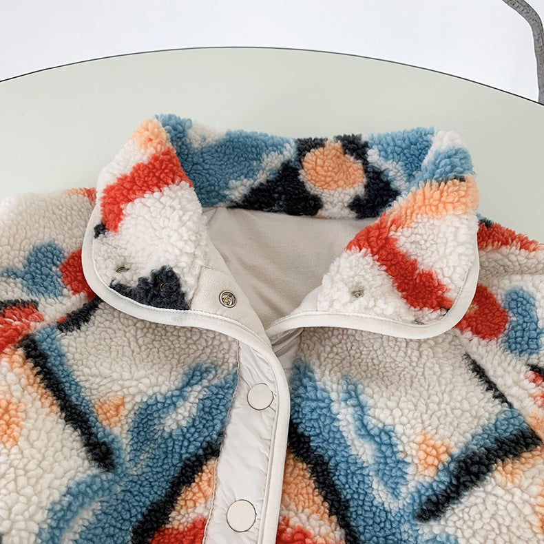 White Graphic Pattern Fleece Lamb Jacket