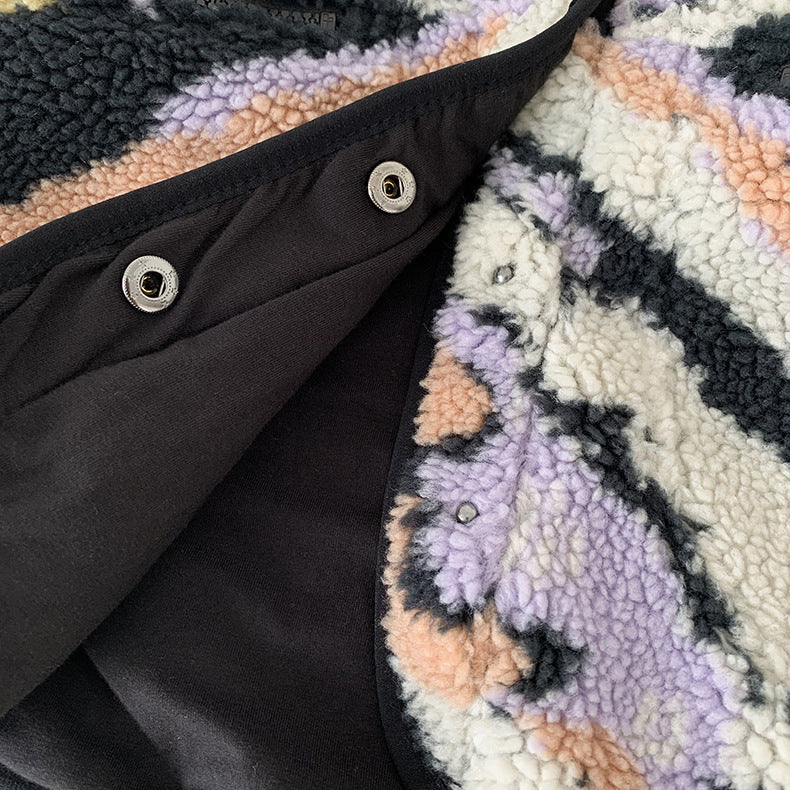 Black Graphic Pattern Fleece Lamb Jacket