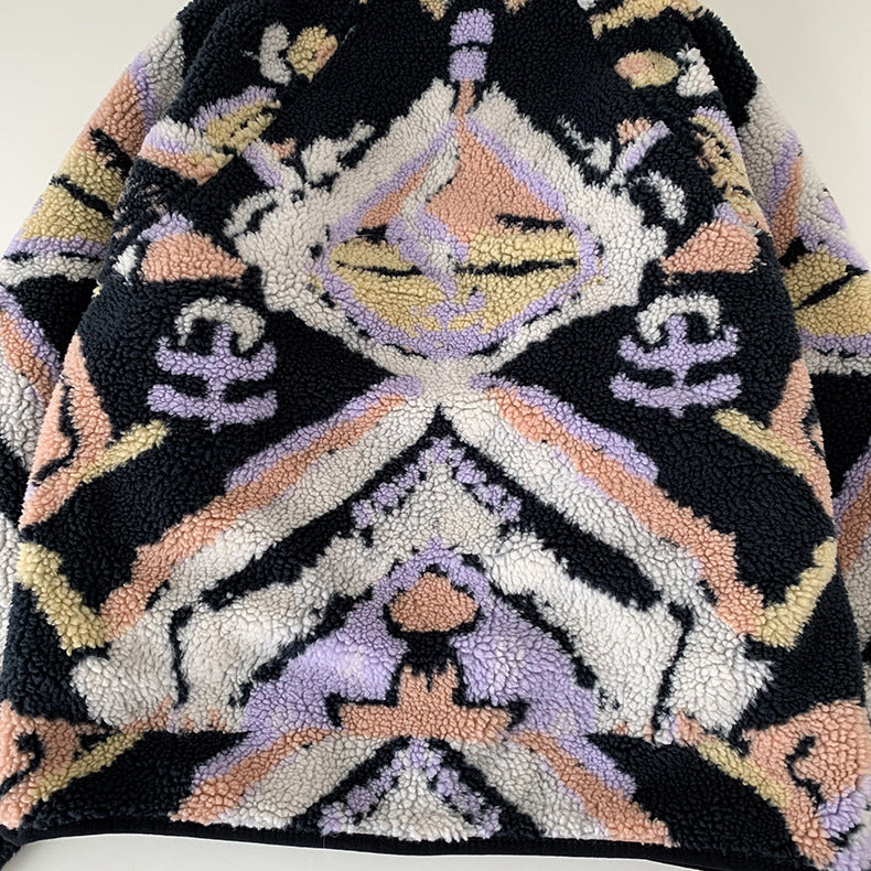 Black Graphic Pattern Fleece Lamb Jacket