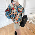 White Graphic Pattern Fleece Lamb Jacket