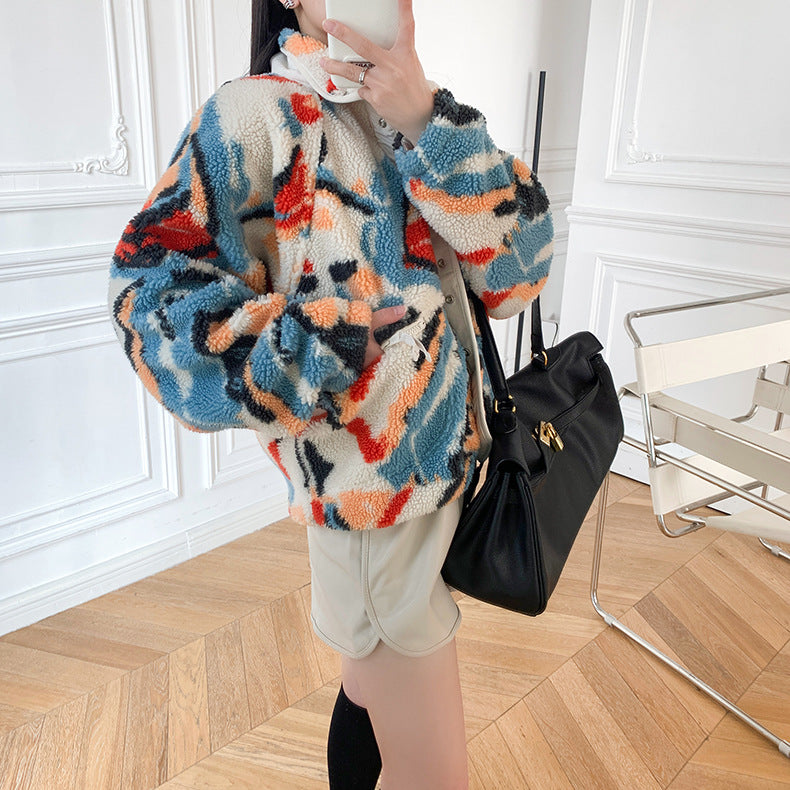 White Graphic Pattern Fleece Lamb Jacket