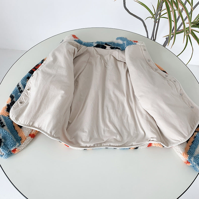 White Graphic Pattern Fleece Lamb Jacket