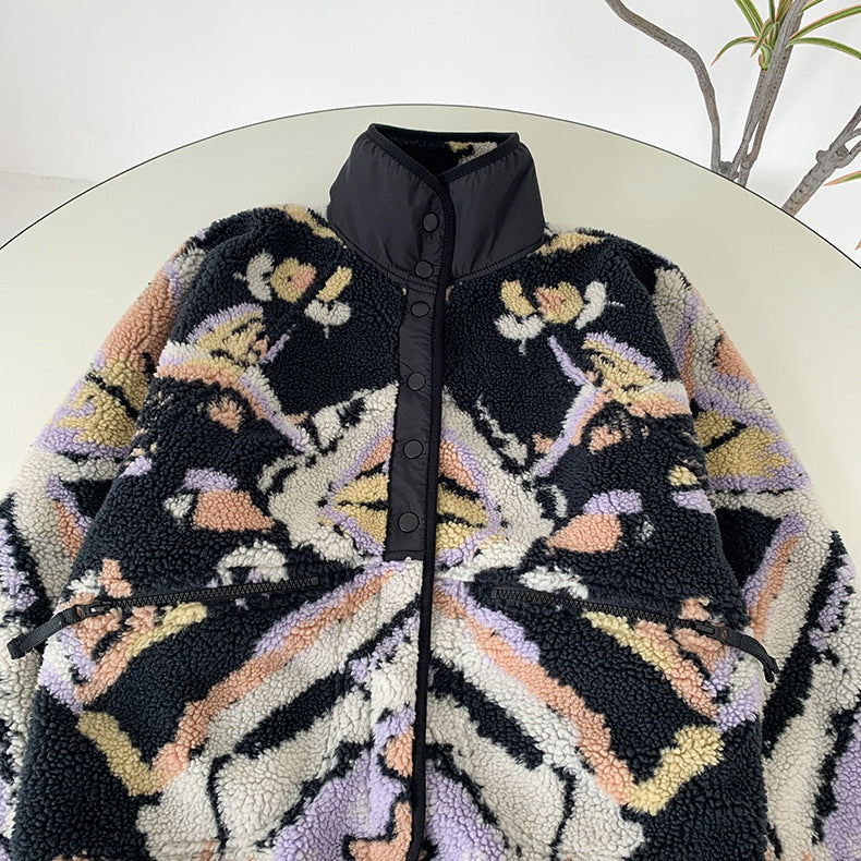 Black Graphic Pattern Fleece Lamb Jacket