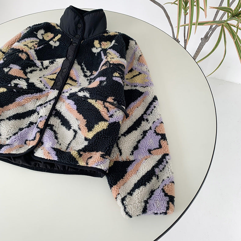 Black Graphic Pattern Fleece Lamb Jacket
