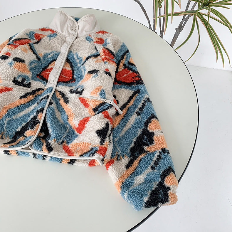 White Graphic Pattern Fleece Lamb Jacket