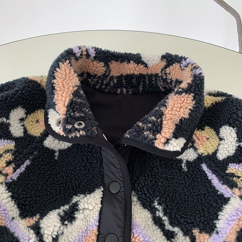 Black Graphic Pattern Fleece Lamb Jacket
