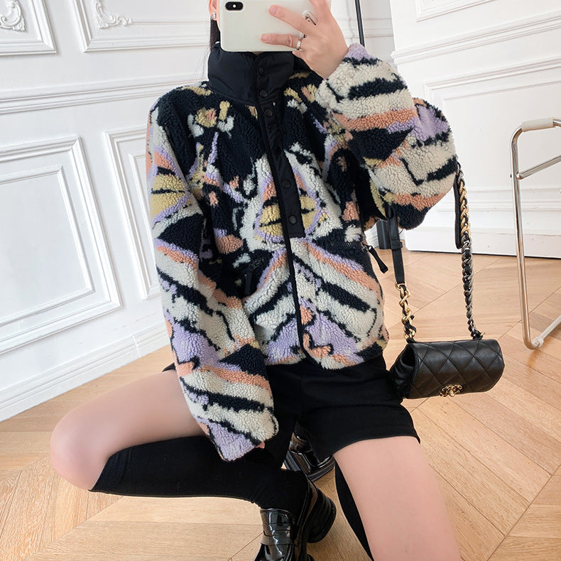 Black Graphic Pattern Fleece Lamb Jacket