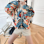 White Graphic Pattern Fleece Lamb Jacket