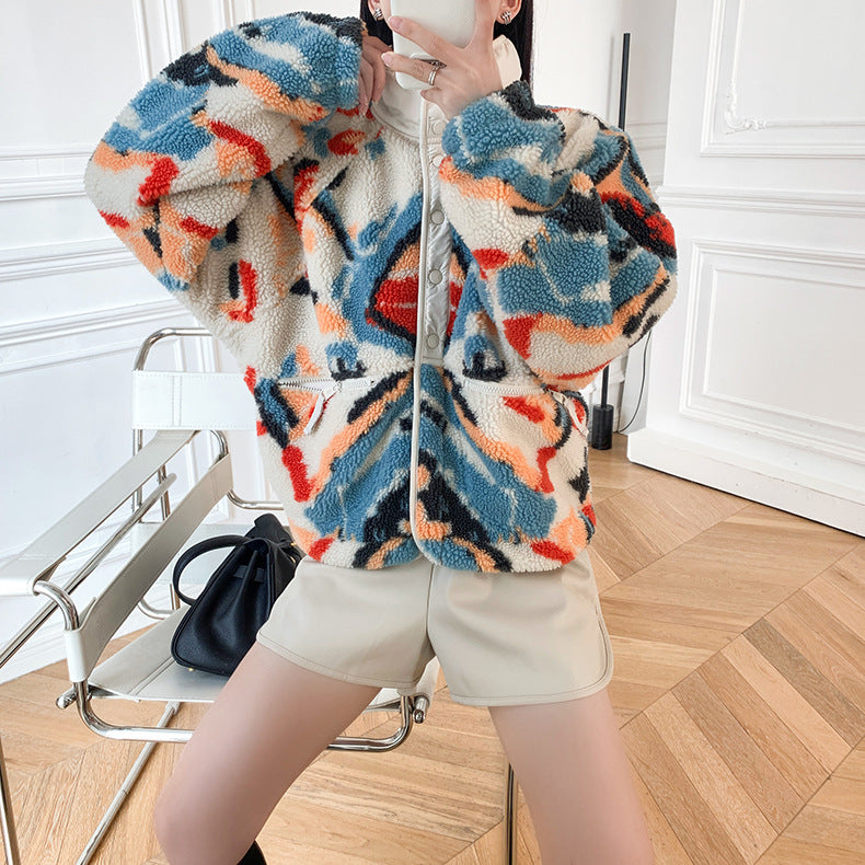 White Graphic Pattern Fleece Lamb Jacket