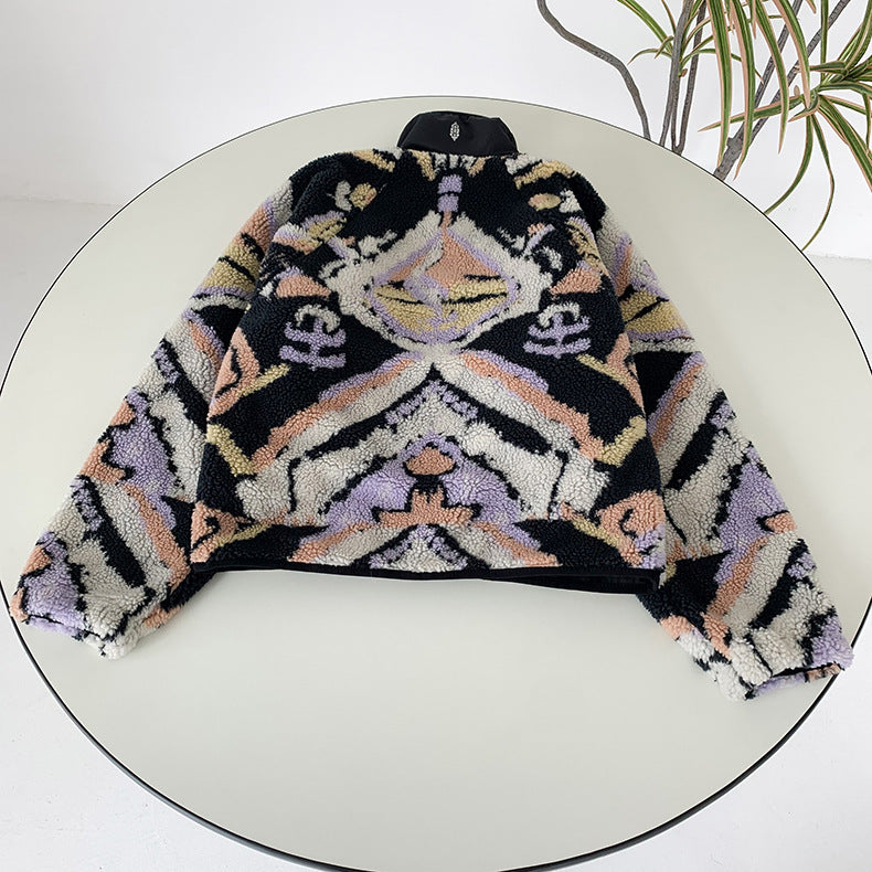 Black Graphic Pattern Fleece Lamb Jacket