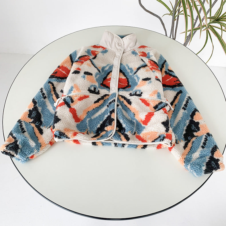 White Graphic Pattern Fleece Lamb Jacket