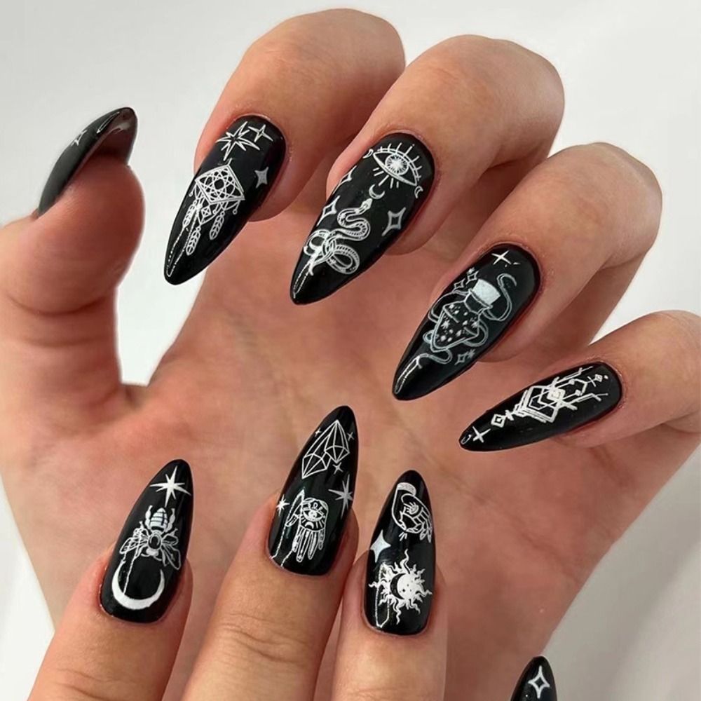 24Pcs/Set Boho Pattern  French Stiletto Nails