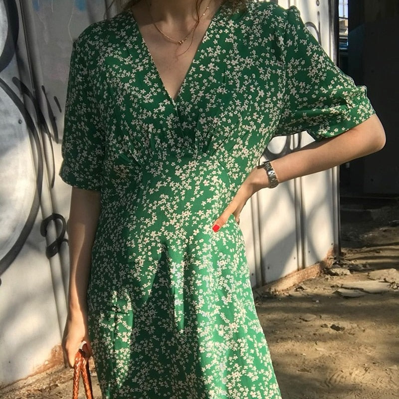 Printed Flower V-neck Dress