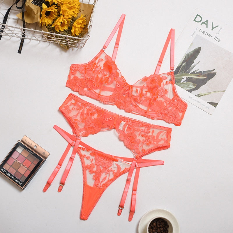 Embroidery Underwear Transparent Set