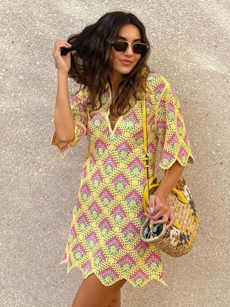 Diamond Pattern Crochet Knitted Dress