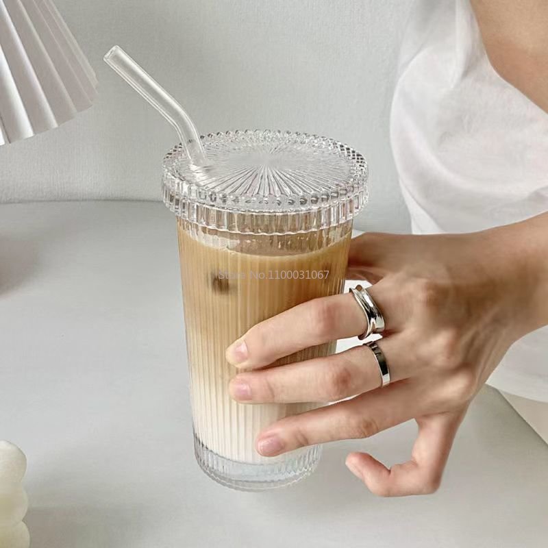 375Ml Stripe Glass Cup with Lip Straw