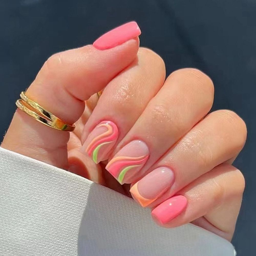 24pcs/Box Wave Line Square Head Press On Nails Pink
