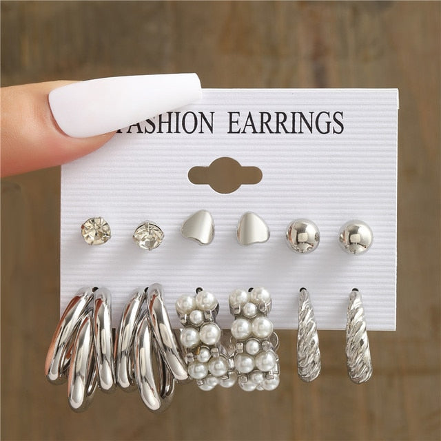 Gold Pearl Hoop Earrings Set