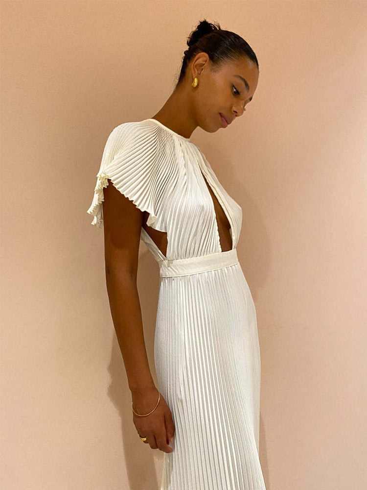 White Hollow Out Pleated Dress