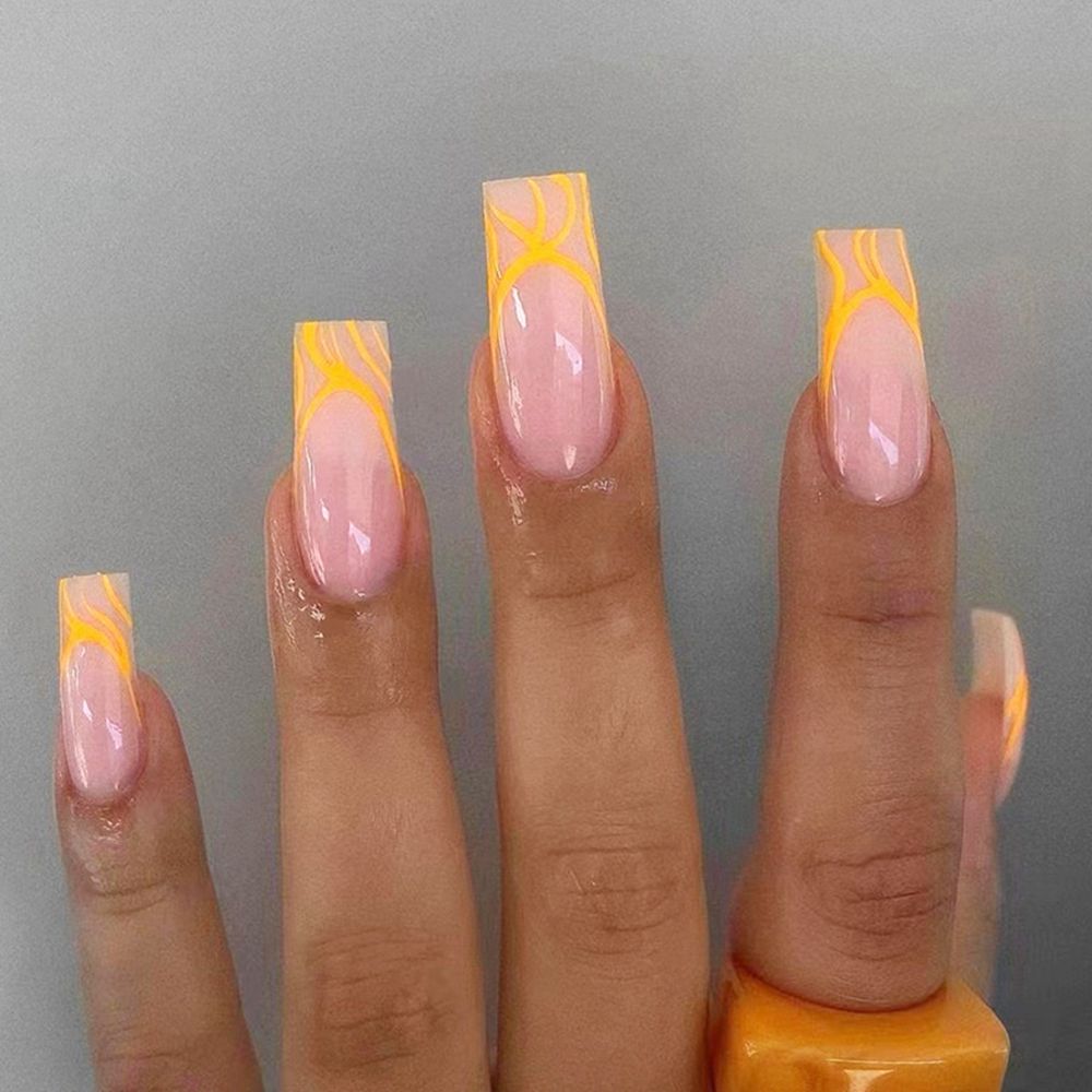 24pcs/Box Wave Line Square Head Press On Nails Pink