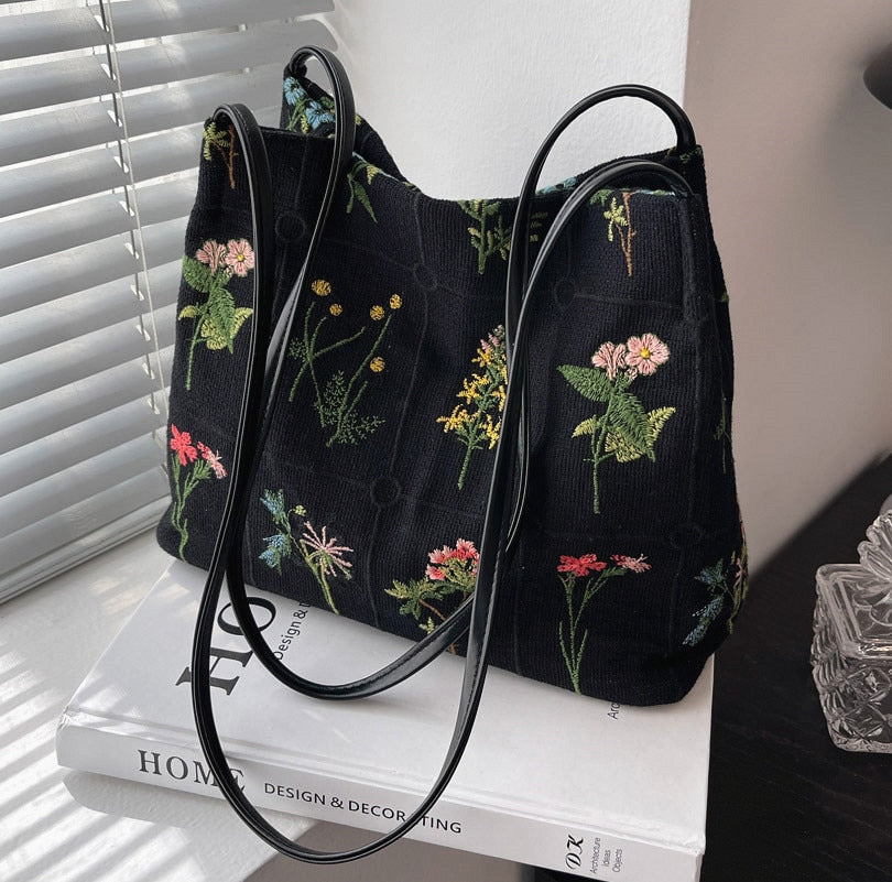 Black Embroidery Flowers Tote Bag