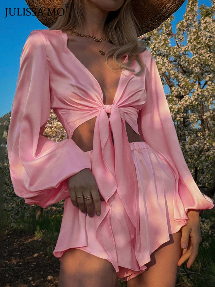 Pink Satin Mini Two Piece Set